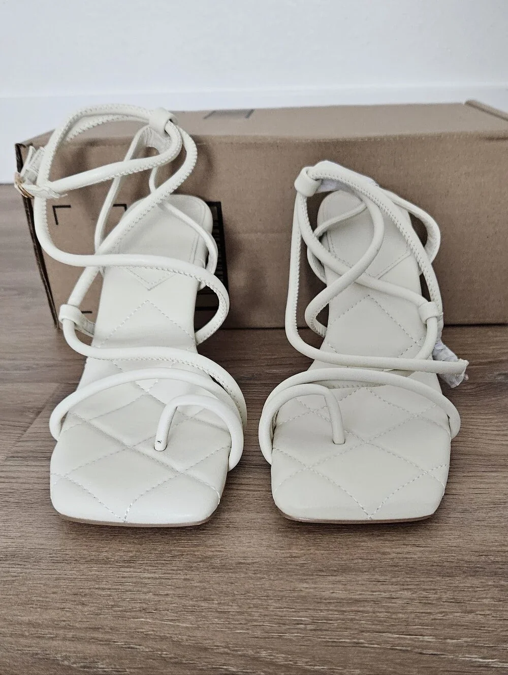 Women’s Strappy Quilted Square-Toe Heels in Cream Size 8.5